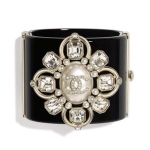 Chanel black resin pearl Cuff Bracelet with Crystal Accents
